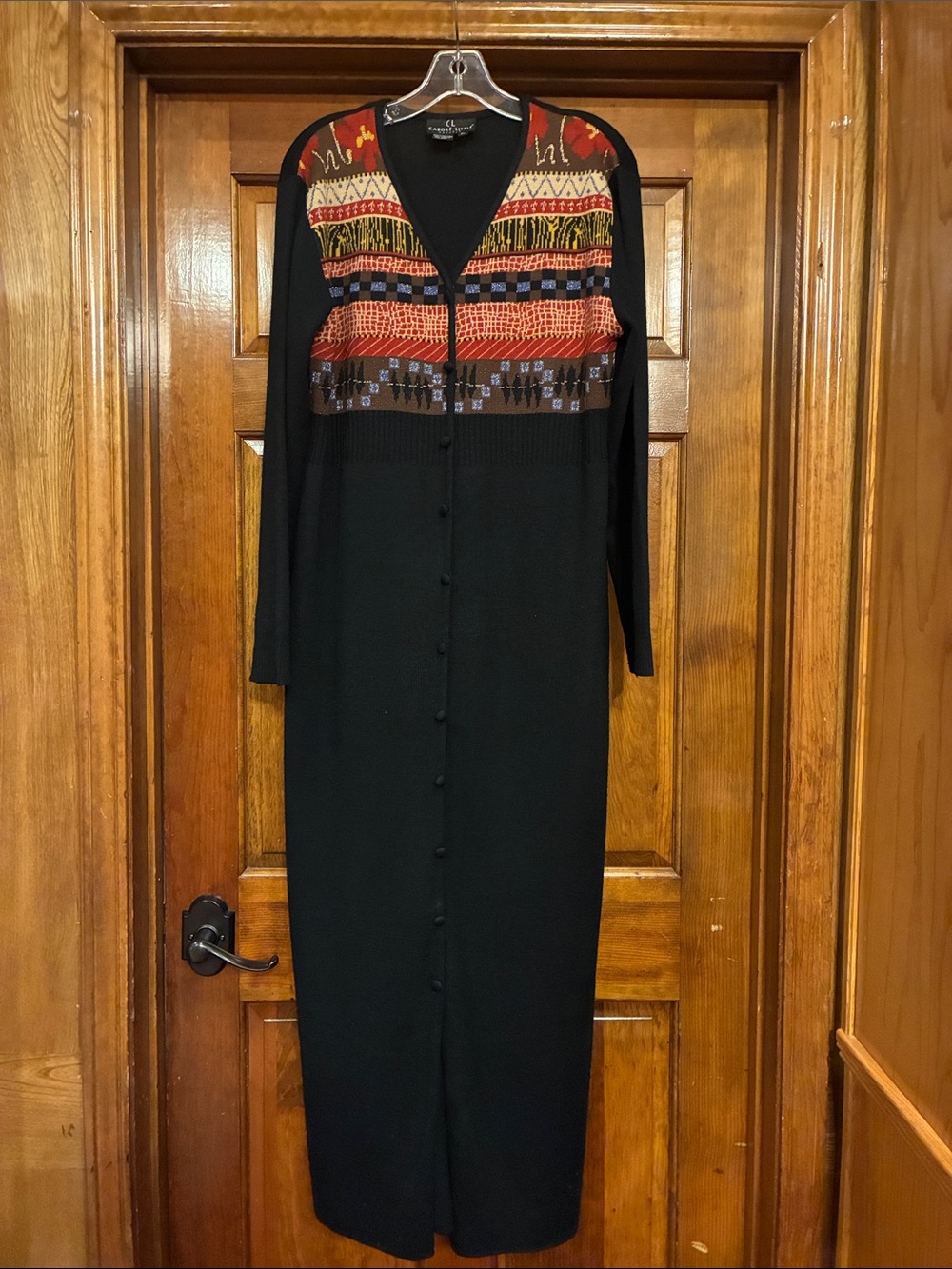 XL Carole Little Black Wool Blend Sweater Maxi Dress with Rust & Gold Bodice
